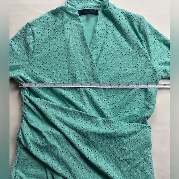 Rachel Roy teal eyelet faux wrap dress with mock collar. Size M - Picture 10 of 11
